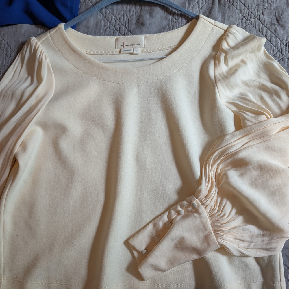 Anthropologie Cream Blouse with Puff Sleeves